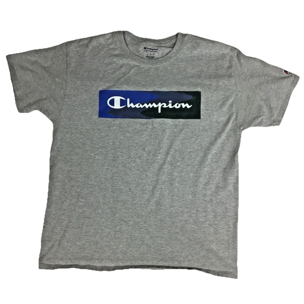 Champion Mens Graphic‎ T-Shirt Large Gray Slim Fit Camo Box Logo Short Sleeve - Picture 1 of 8